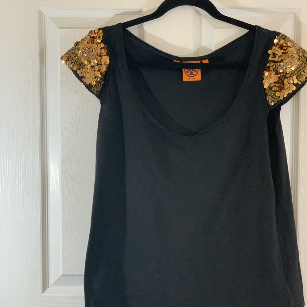 Tory Burch Top/TeeShirt SizeL Black Gold Sequin Cap Sleeve Cotton Breathable